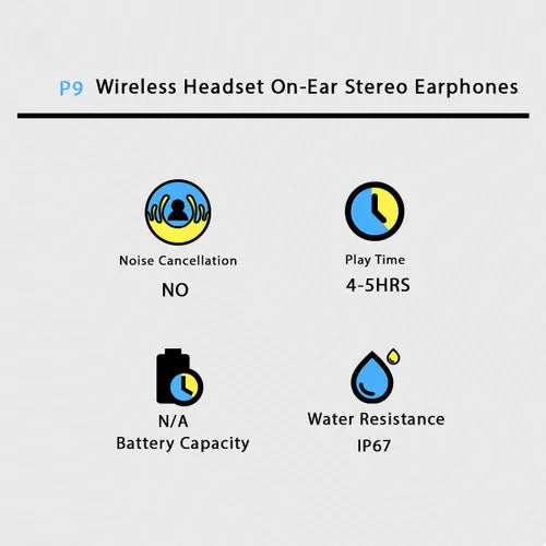 Features of P9 wireless headset on-ear stereo earphones displayed with icons and text.