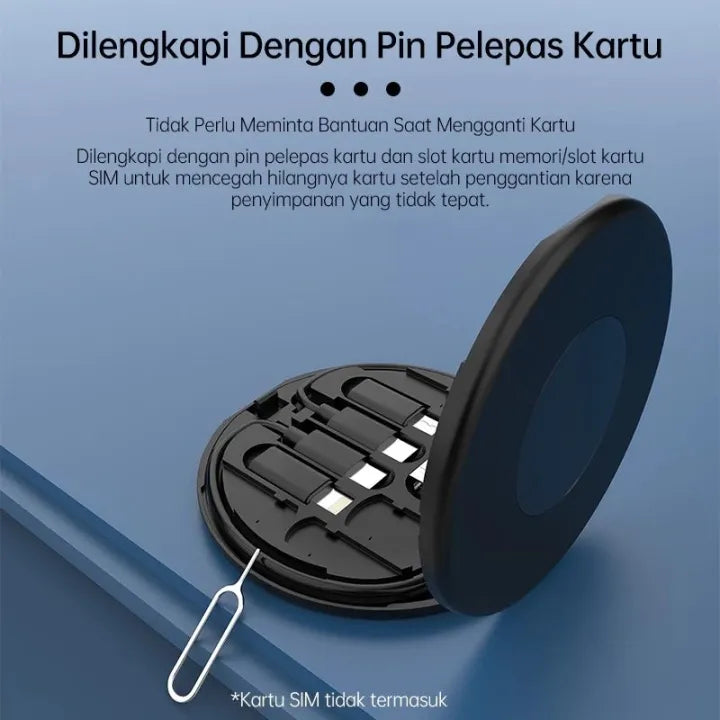 Phone case with card removal pin on a blue background