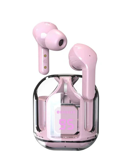 Pink wireless earbuds with a clear case on a white background