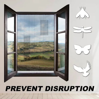 Open window with scenic view and decorative stickers of a dragonfly, butterfly, and dove on a light gray wall.