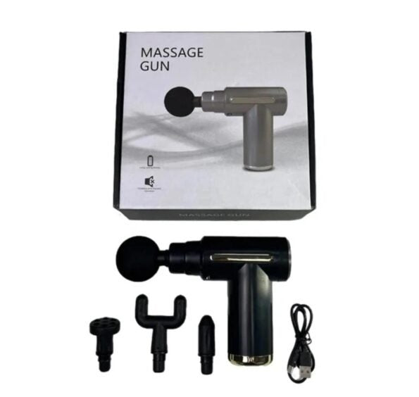 Massage gun with attachments and packaging on a white background