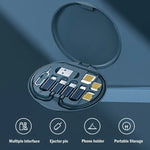 Set of USB drives and SIM cards in a blue case on a matching background