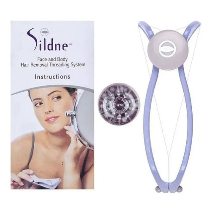 Sildne face and body hair removal threading system with packaging and accessories on a white background