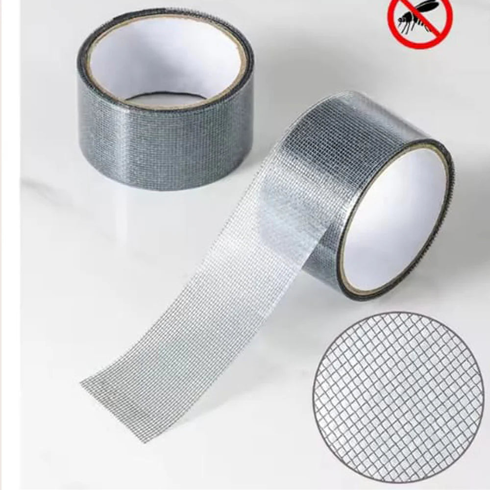 Silver mesh tape with a roll and close-up on a white background