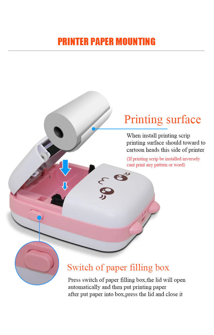 Small printer with paper mounting instructions on a white background