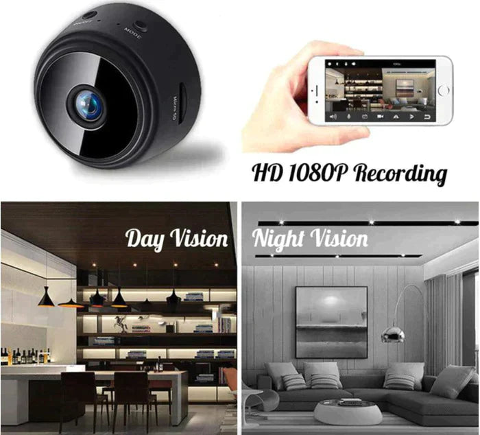 Smart home security camera with smartphone app, day and night vision features, and indoor scenes.