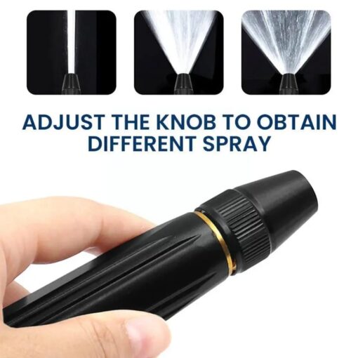 Spray nozzle with adjustable knob shown in a hand, with text indicating how to use it.