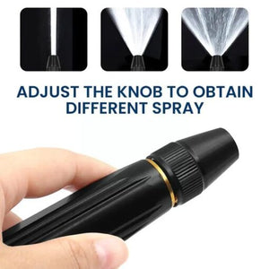Spray nozzle with adjustable knob shown in a hand, with text indicating how to use it.
