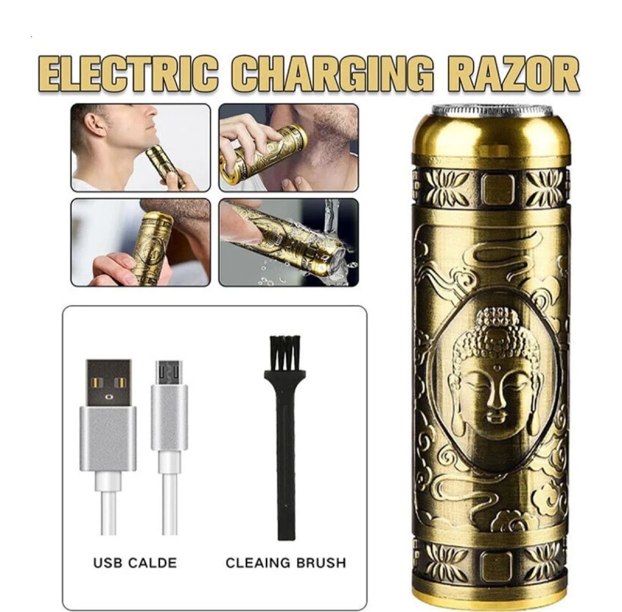 Gold electric charging razor with USB cable and cleaning brush on a white background