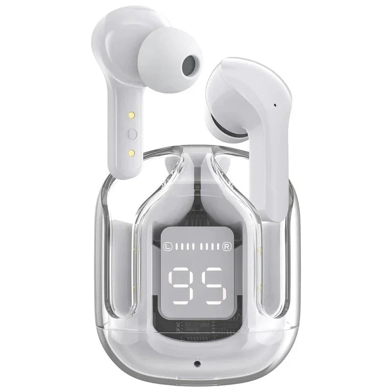 White wireless earbuds with a clear case displaying a digital clock on a white background