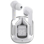 White wireless earbuds with a clear case displaying a digital clock on a white background