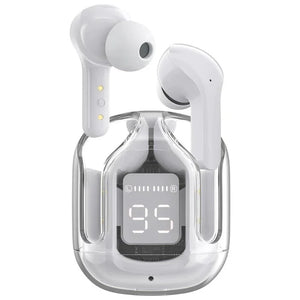 White wireless earbuds with a clear case displaying a digital clock on a white background