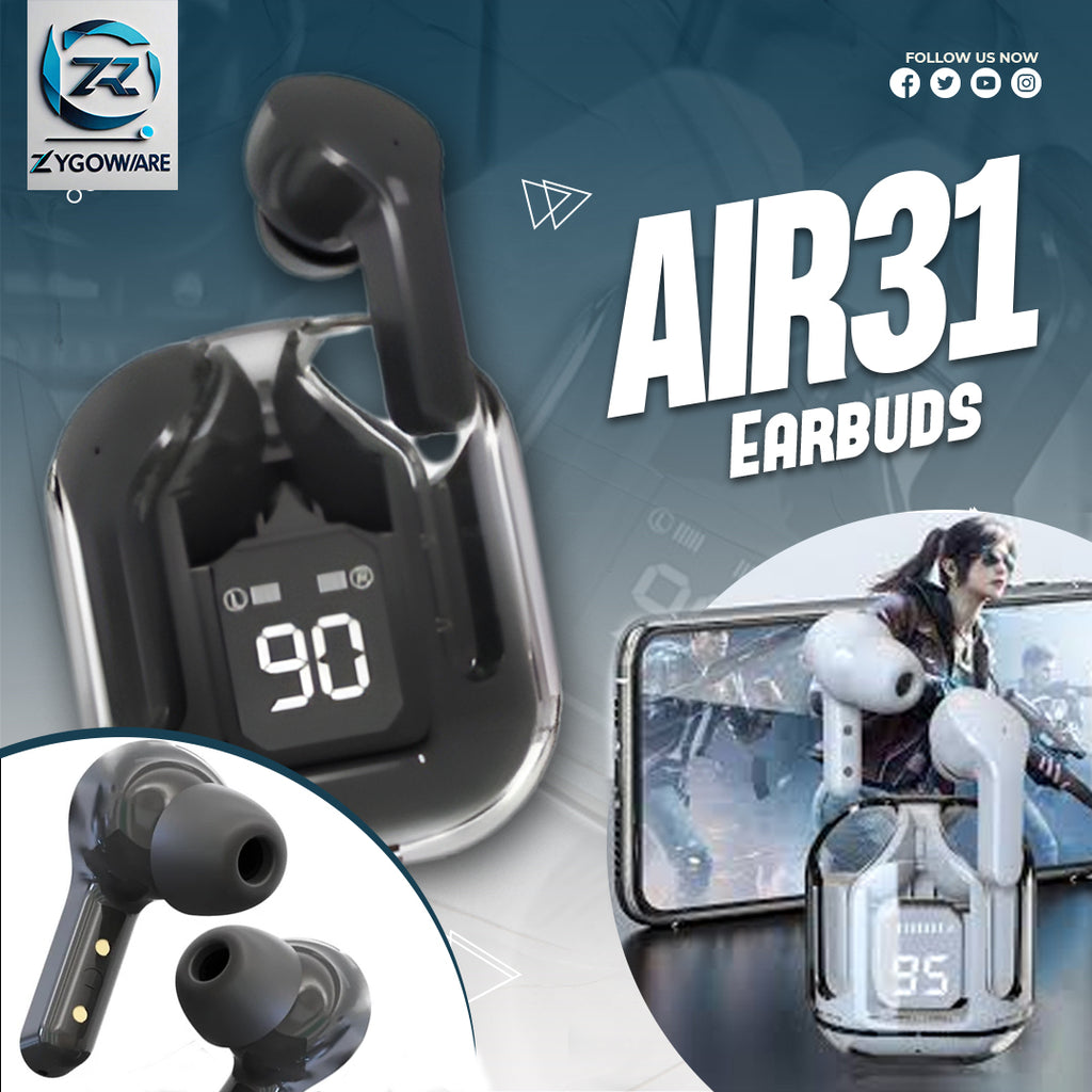 Zygoware AIR31 earbuds with digital display on a blue gradient background