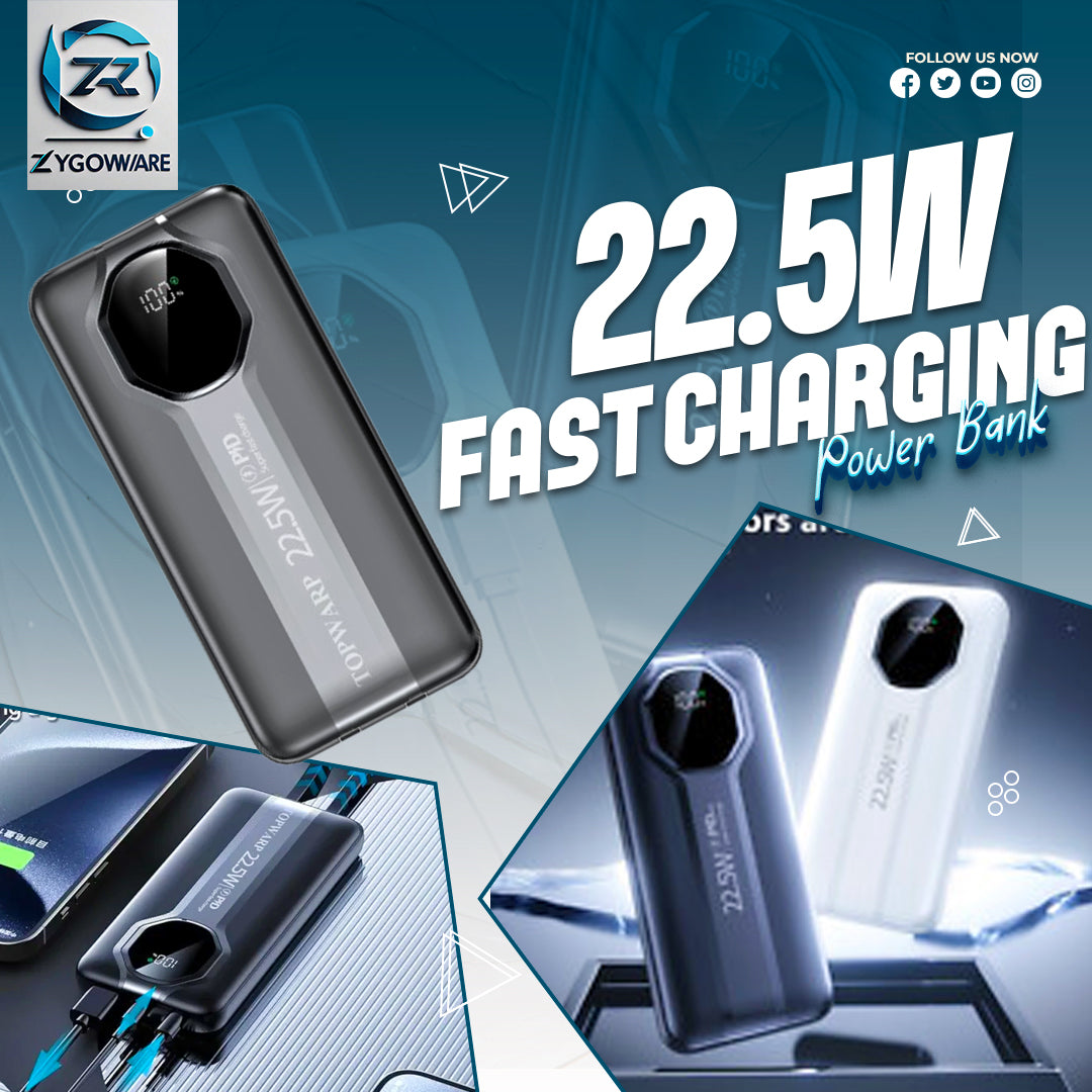 Zygoware power bank with fast charging feature on a blue gradient background