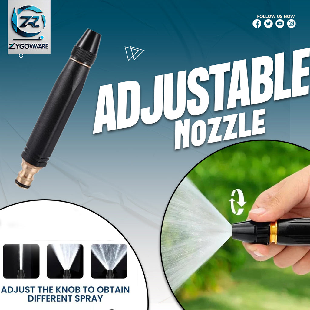 Adjustable nozzle with spray demonstration on a blue and green gradient background, featuring Zygoware branding.
