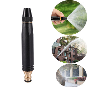 Black and gold garden hose nozzle with close-up shots of use on a white background