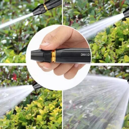 Gardening tool being used to water plants with close-up of handle and spraying action.
