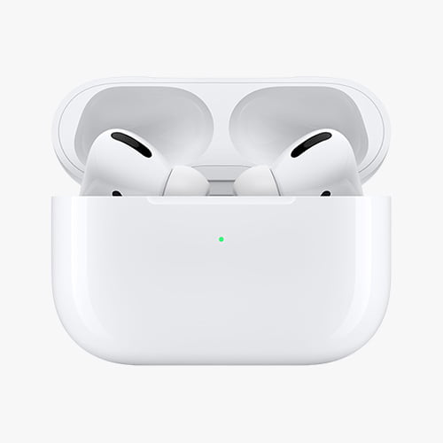 White wireless earbuds in a charging case on a white background