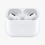White wireless earbuds in a charging case on a white background