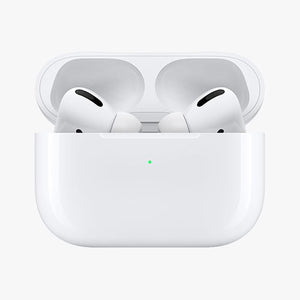 White wireless earbuds in a charging case on a white background