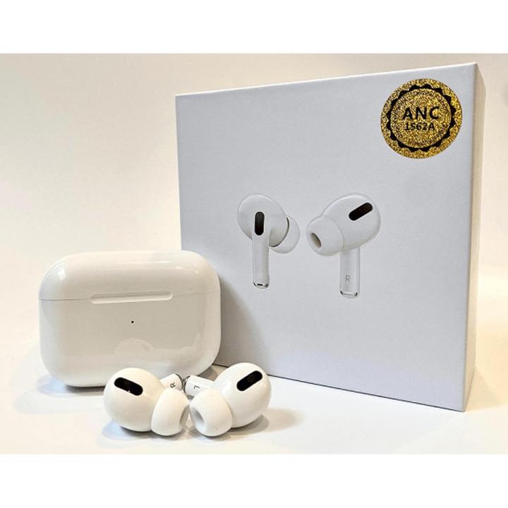 White wireless earbuds with charging case in front of a white box with 'ANC' logo.