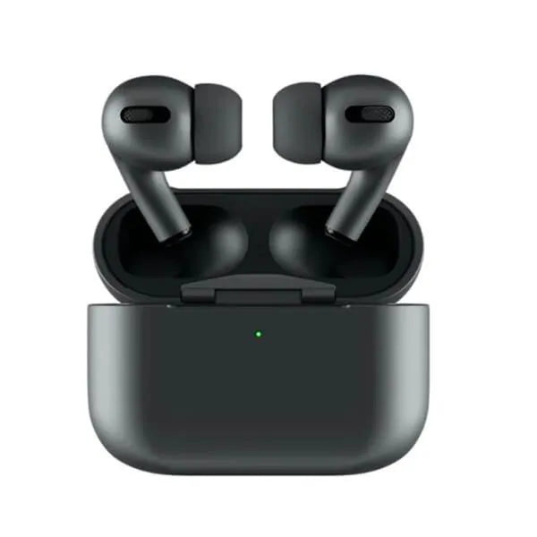 Black wireless earbuds with charging case on a white background
