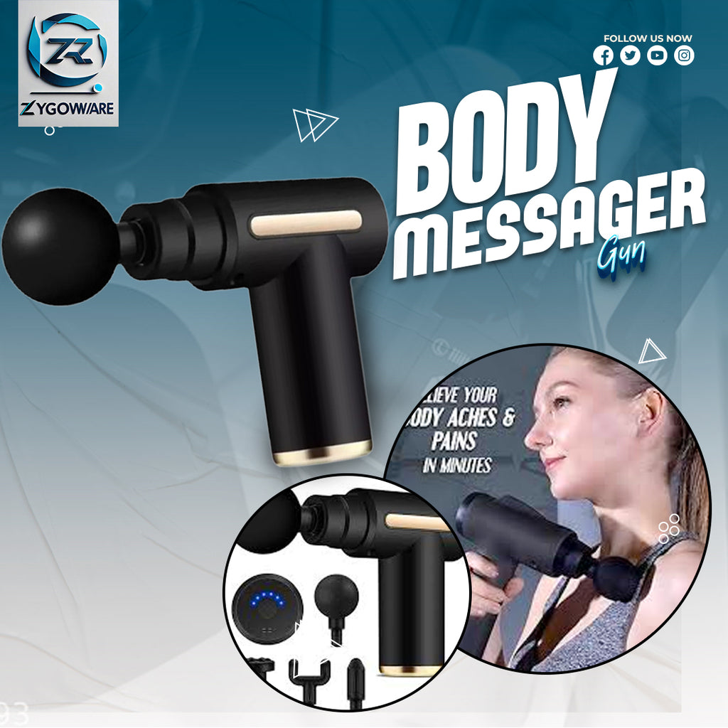 Body massage gun with attachments on a promotional graphic featuring Zygoware branding.