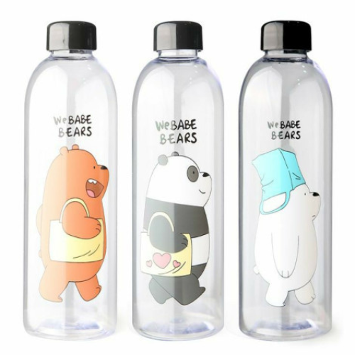 Three clear water bottles with cartoon bear designs and 'We Babe Bears' text.