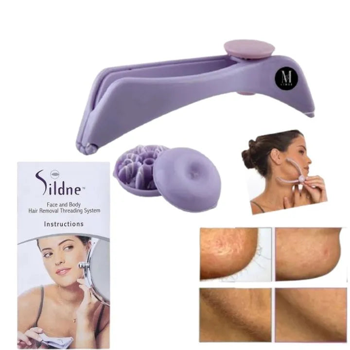 Sildne face and body hair removal threading system with packaging and usage examples.