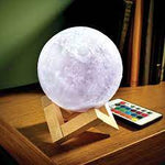 3D Moon Light Lamp | USB Rechargeable LED Night Light with Wooden Stand & Remote Control