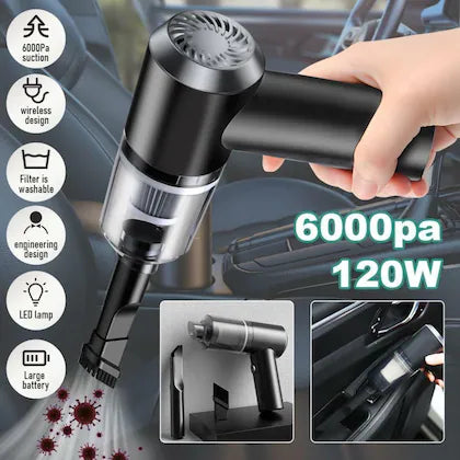 Handheld vacuum cleaner with features and specifications displayed on a car interior background