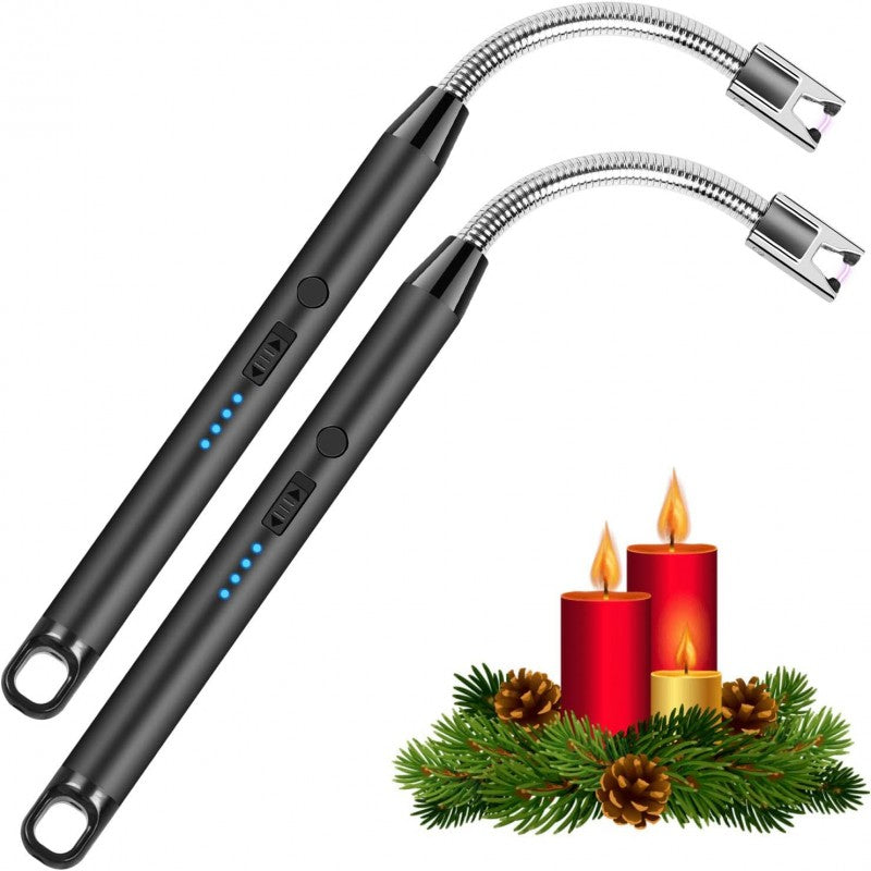 Two black torches with flexible nozzles on a white background, with Christmas decorations at the bottom.