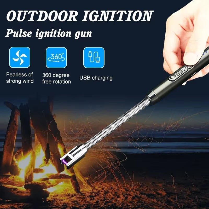 Pulse ignition gun with features highlighted, used for outdoor ignition.